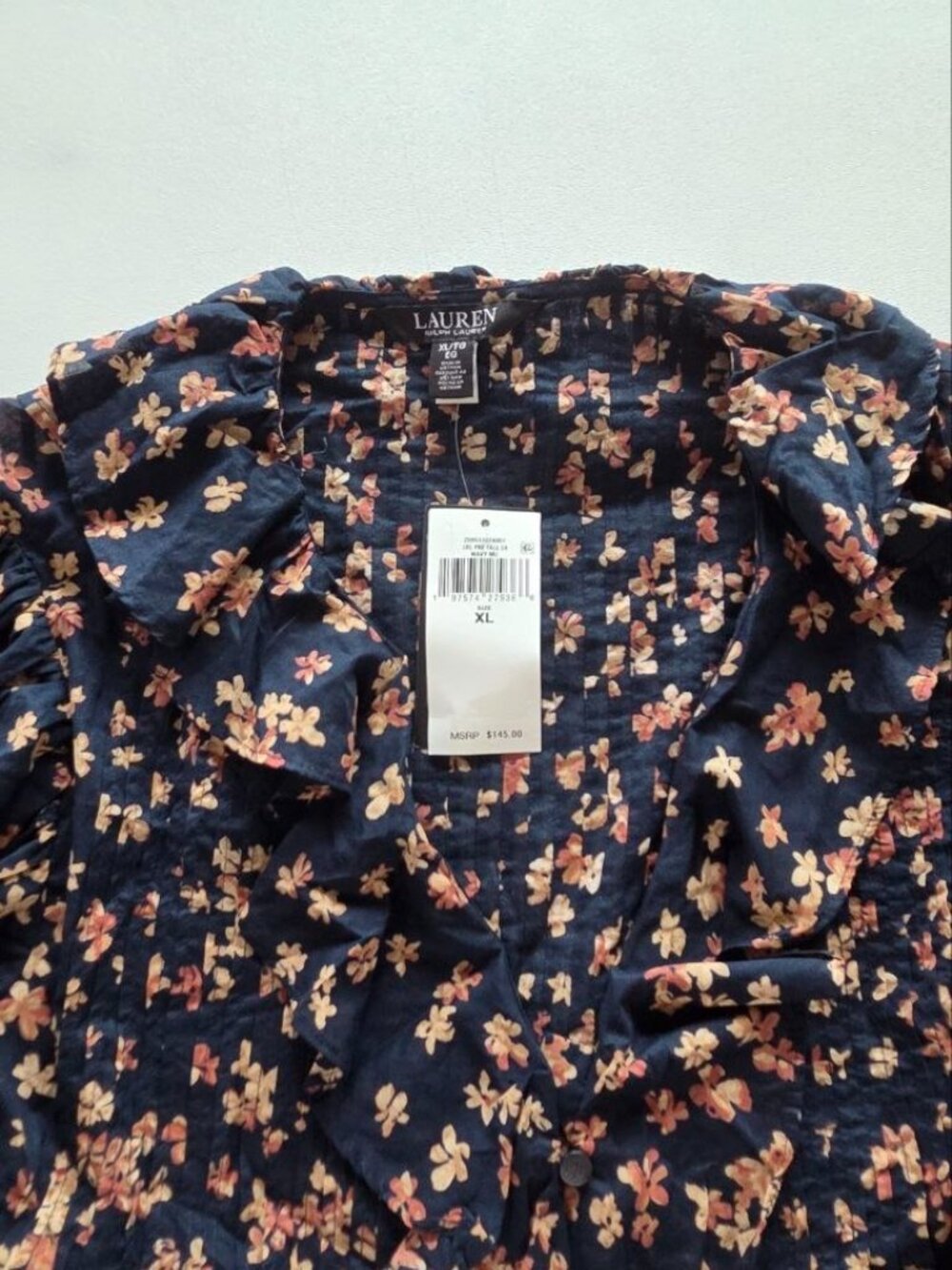 $145 Lauren Ralph Lauren Floral Cotton Voile Puff-Sleeve Blouse Navy Size XL - Picture 6 of 13